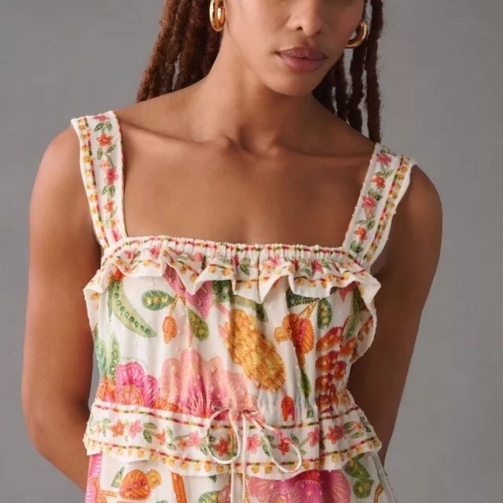 Anthropologie Farm Rio Square Neck Tiered Ruffle Dress Floral Birds - Picture 3 of 6